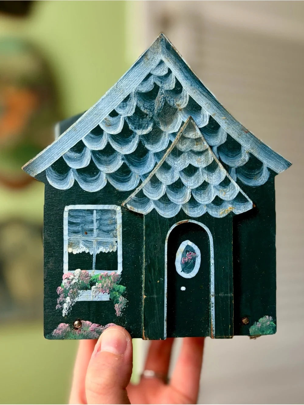 Hand-Painted Wooden Cottage House Kitcuen Napkin Deep Teal with Light Blue Roof